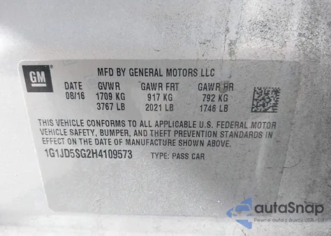 2017 Chevrolet Sonic Lt Auto из США, поврежденный, VIN 1G1JD5SG2H4109573